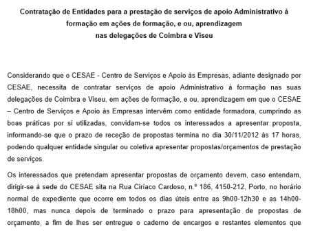 Contratação de Entidades para a prestação de serviços de apoio Administrativo à formação em ações de formação, e ou, aprendizagem nas delegações de Coimbra e Viseu